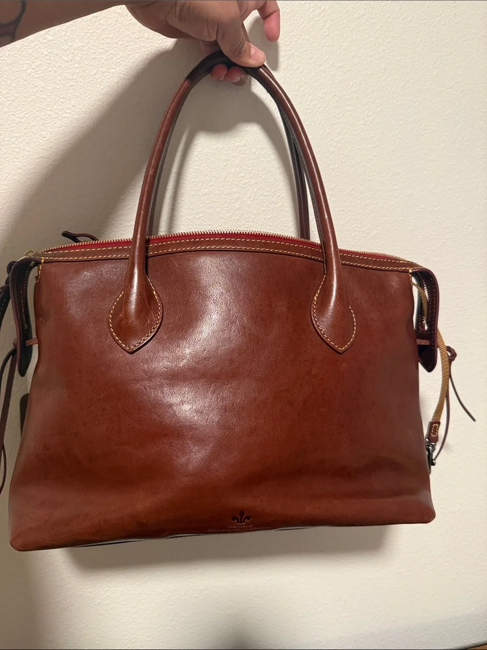 Dooney & Bourke Brown Leather Satchel with Red Zip Pouch